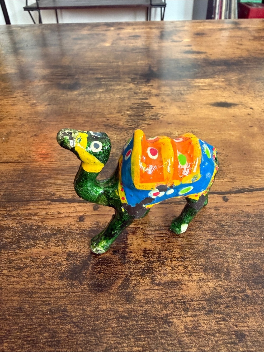 Colorful Hand-Painted Camel Figurine - Green/Orange